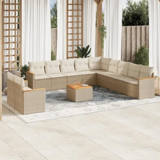 Havesofasæt 12 dele i polyrattan med hynder – beige