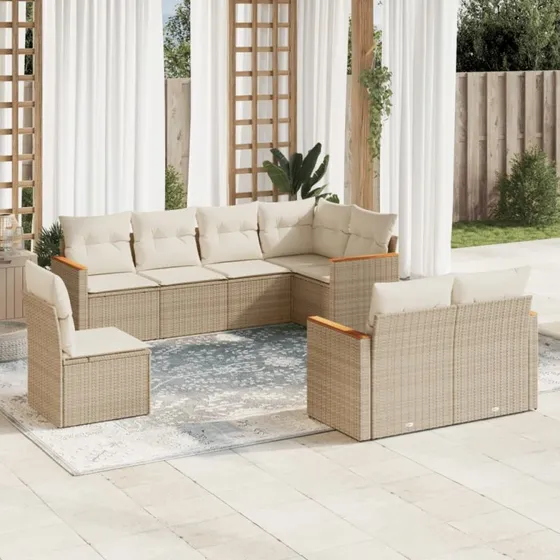 Havesofasæt 8 dele i beige polyrattan med hynder