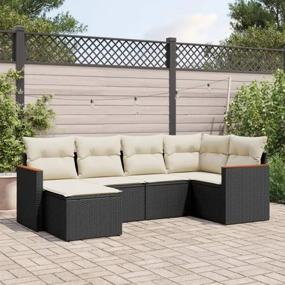 Havesofasæt 6 dele i sort polyrattan med hynder