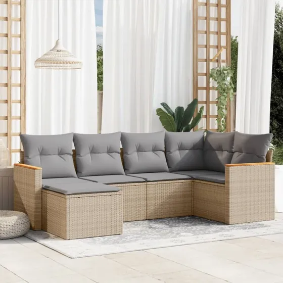 Havesofasæt 6 dele i beige polyrattan med hynder