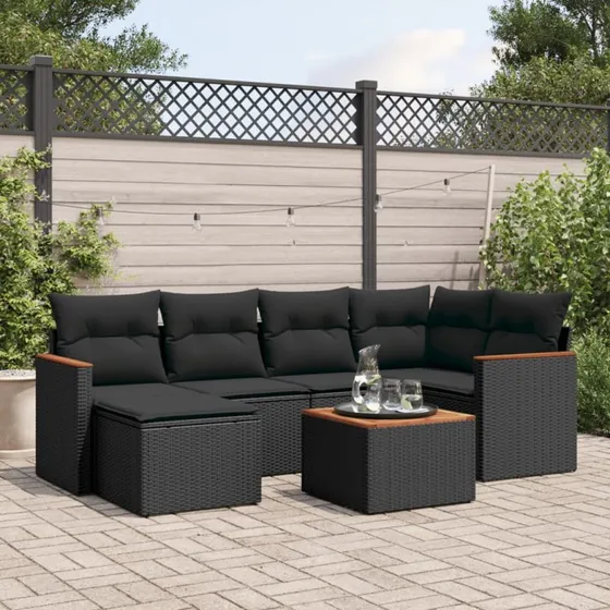 Havesofasæt 7 dele i sort polyrattan med hynder