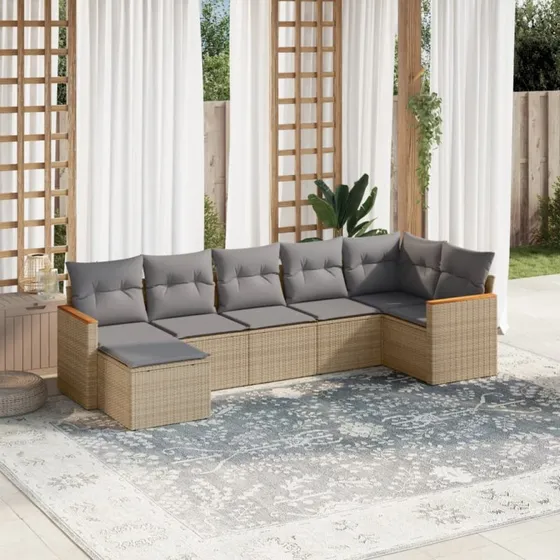 Havesofasæt 7 dele i polyrattan med hynder – Beige