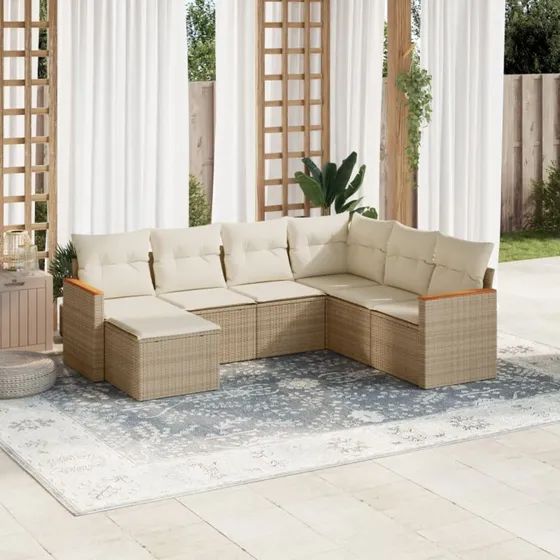 Havesofasæt 7 dele polyrattan med hynder - beige