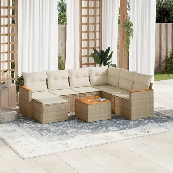 Havesofasæt 8 dele i polyrattan med hynder – beige