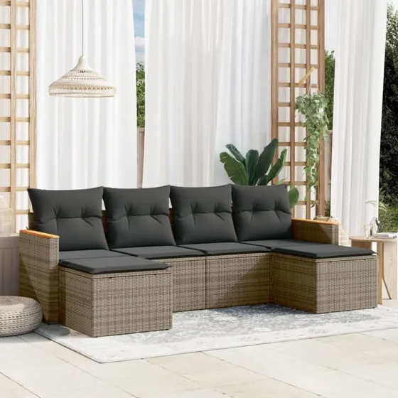 Sofasæt til haven 6 dele i grå polyrattan med hynder