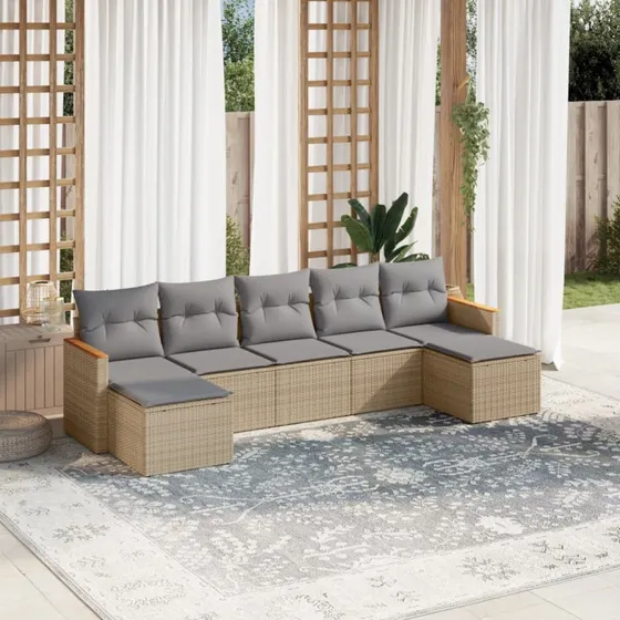 Havesofasæt 7 dele polyrattan beige med hynder