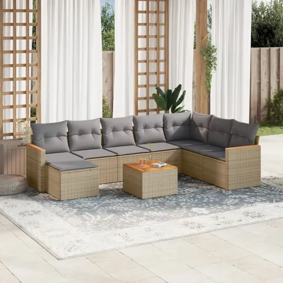 Sofasæt til haven 9 dele i polyrattan med hynder - beige