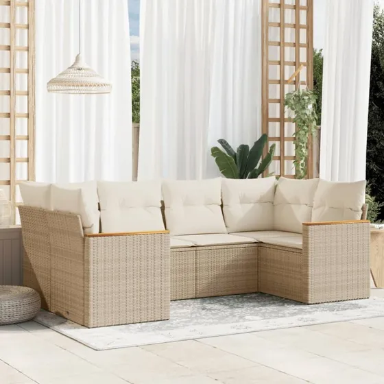 6-dele polyrattan sofasæt med hynder – beige