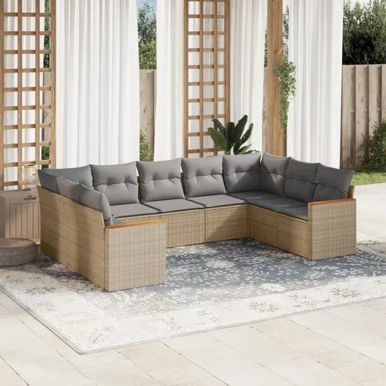 Havesofasæt 9 dele i polyrattan beige med hynder