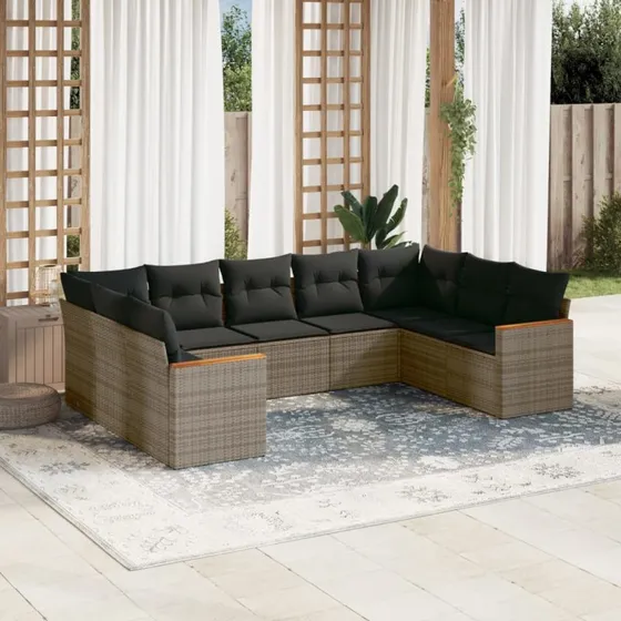 Sofasæt til haven 9 dele i grå polyrattan med hynder