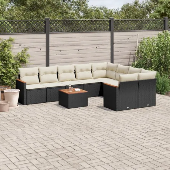 Havesofasæt 10 dele i polyrattan med hynder, sort