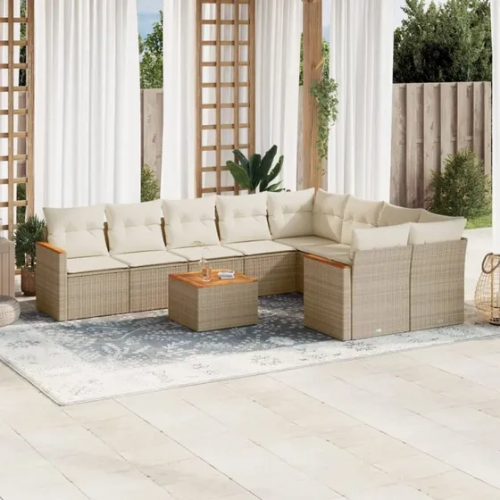 Havesofasæt 10 dele i polyrattan beige med hynder