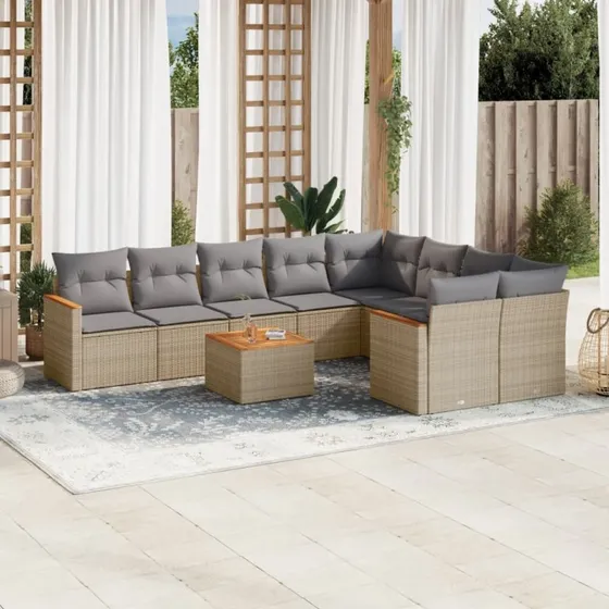 Havesofasæt 10 dele i beige polyrattan med hynder
