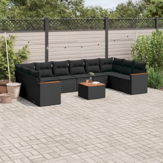 Havesofasæt 11 dele i sort polyrattan med hynder