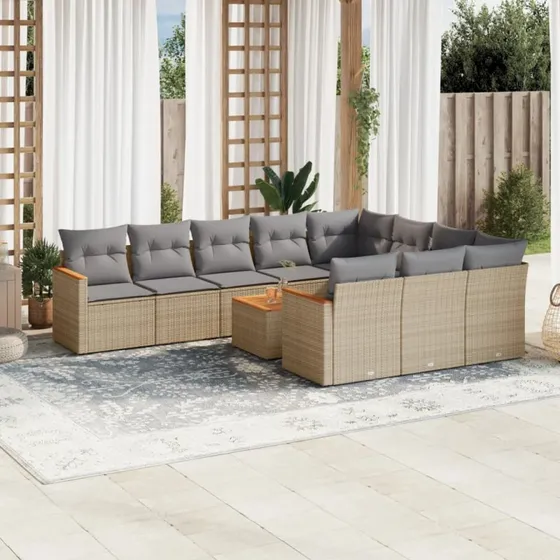 Havesofasæt 11 dele i polyrattan med hynder – Beige