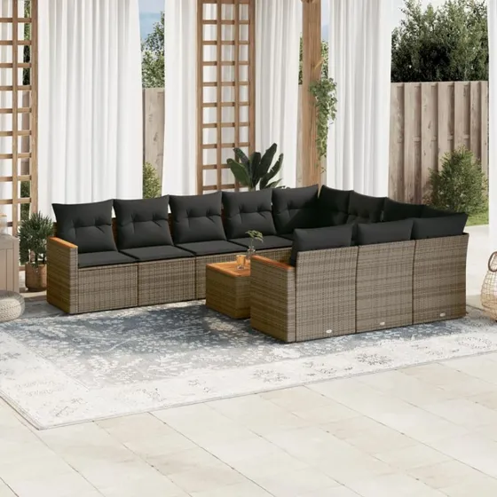 Loungesæt i polyrattan 11 dele med hynder - grå
