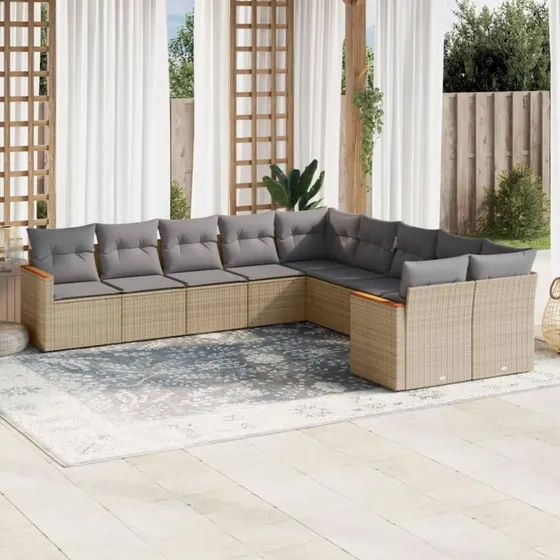 Havesofasæt 10 dele i polyrattan - beige med hynder
