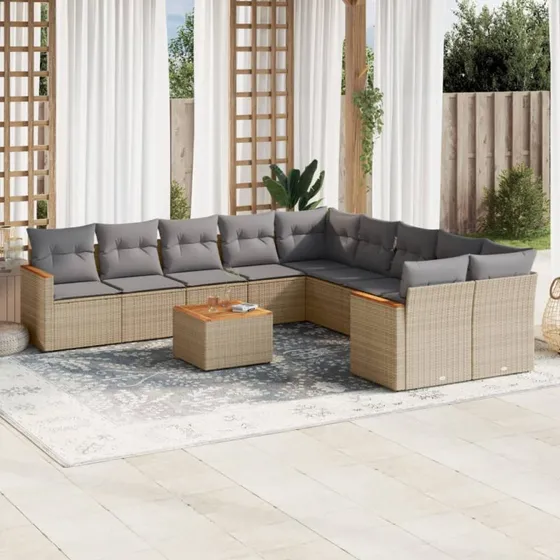 Havesofasæt i polyrattan 11 dele med hynder - beige