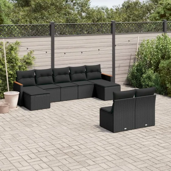 Sofasæt til haven 9 dele i polyrattan - sort
