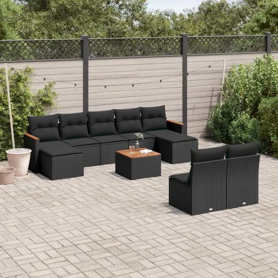 Sofasæt til haven 10 dele i sort polyrattan med hynder