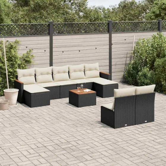 Sofasæt til haven 10 dele i sort polyrattan med hynder
