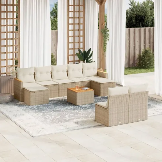Havesofasæt 10 dele i beige polyrattan med hynder