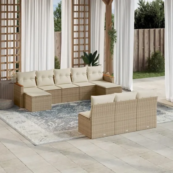Sofasæt til haven 10 dele i polyrattan med hynder - beige