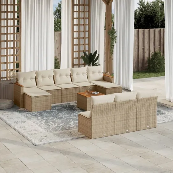 Havesofasæt 11 dele i polyrattan med hynder – beige