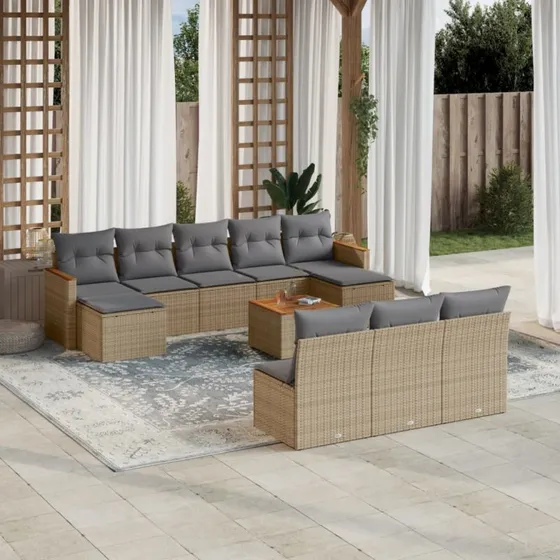 Havesofasæt 11 dele i polyrattan med hynder - beige