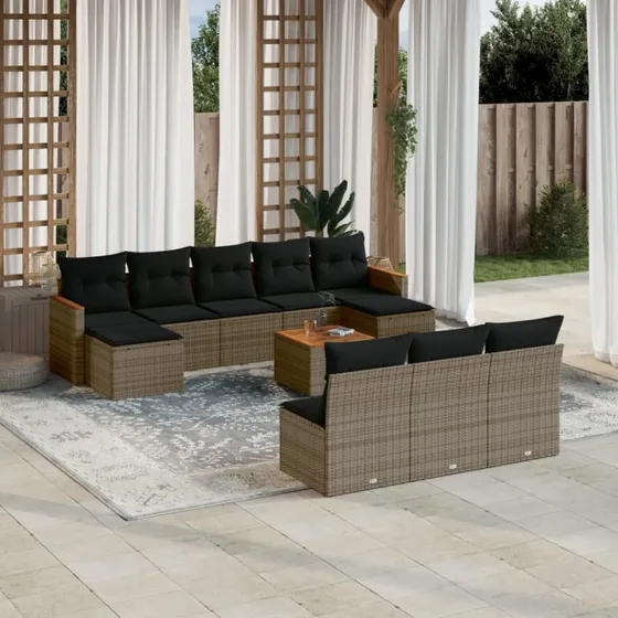 Loungesæt i polyrattan 11 dele med hynder – grå