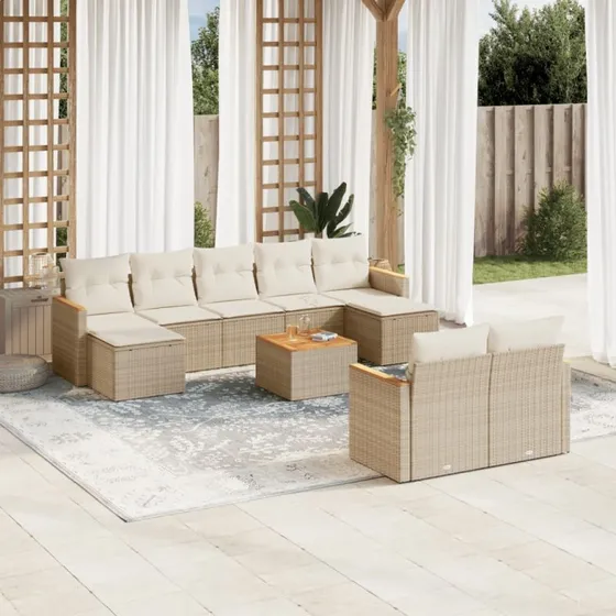 Havesofasæt 10 dele polyrattan beige med hynder