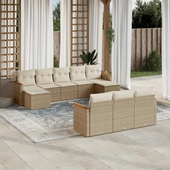 Havesofasæt 10 dele i polyrattan med hynder, beige