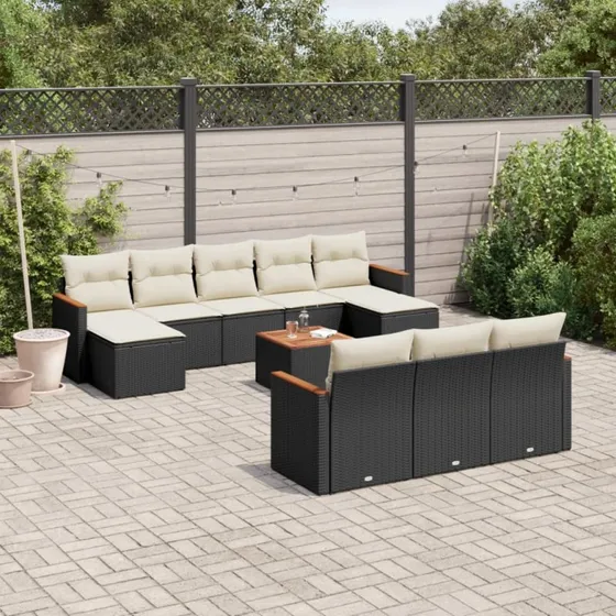 Havesofasæt 11 dele polyrattan med hynder, sort