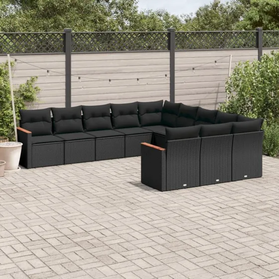 Havesofasæt 11 dele i polyrattan sort med hynder