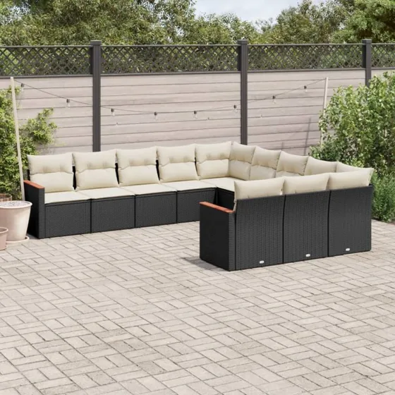 Sofasæt til haven 11 dele i sort polyrattan med hynder