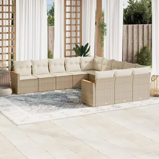 11-dele havemøbelsæt i polyrattan med hynder, beige