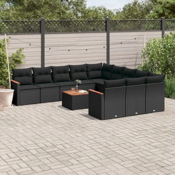 Havesofasæt i polyrattan 12 dele med hynder, sort