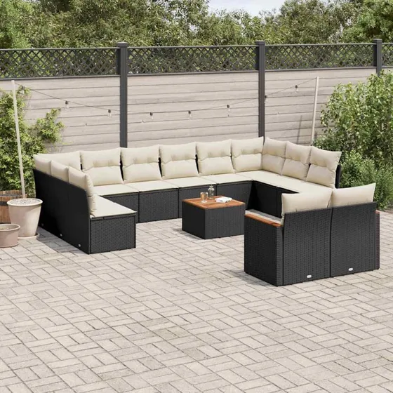 Havesofasæt 13 dele i sort polyrattan med hynder