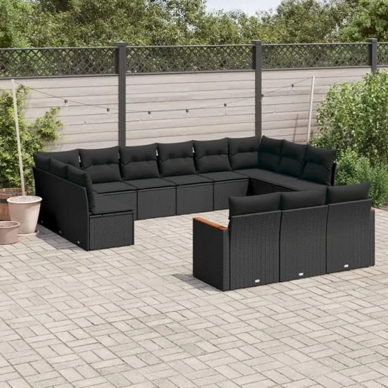 Havesofasæt 13 dele i sort polyrattan med hynder