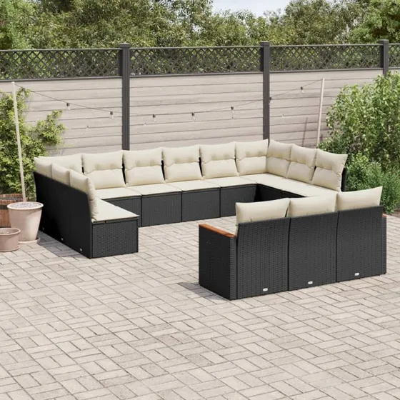 Havesofasæt 13 dele i sort polyrattan med hynder