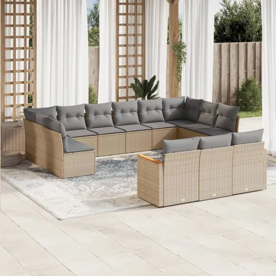 Havesofasæt 13 dele i polyrattan med hynder, beige