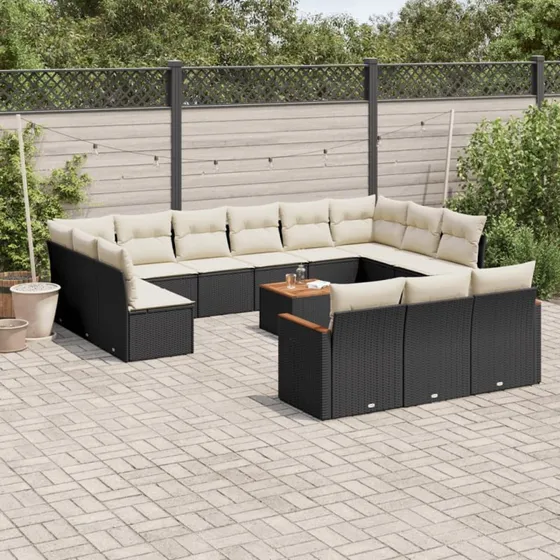 Havesofasæt 14 dele i sort polyrattan med hynder