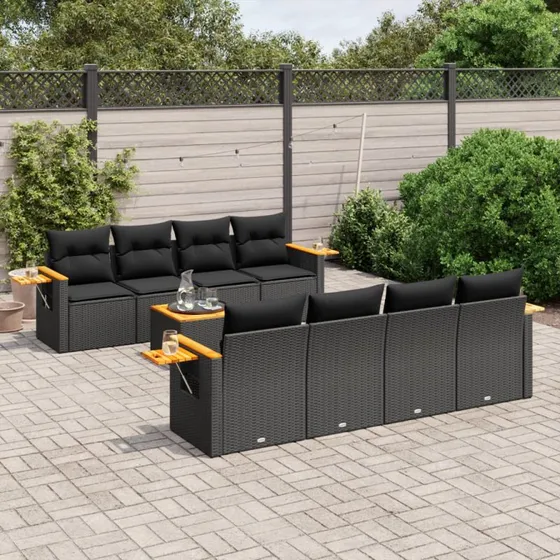 Sofasæt til haven 9 dele i sort polyrattan