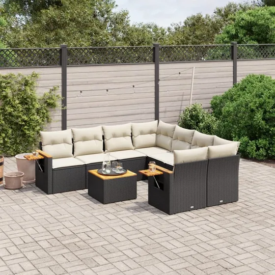 9-delt sofasæt til haven i sort polyrattan med hynder