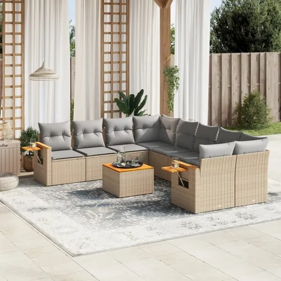 Sofasæt til haven 9 dele i polyrattan - beige