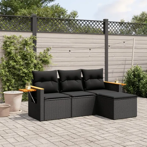Sofasæt til haven 4 dele i sort polyrattan med hynder