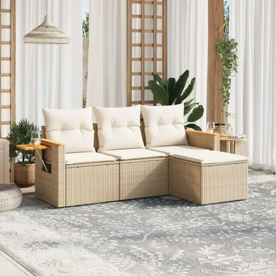 Havesofasæt 4 dele i polyrattan med hynder - beige