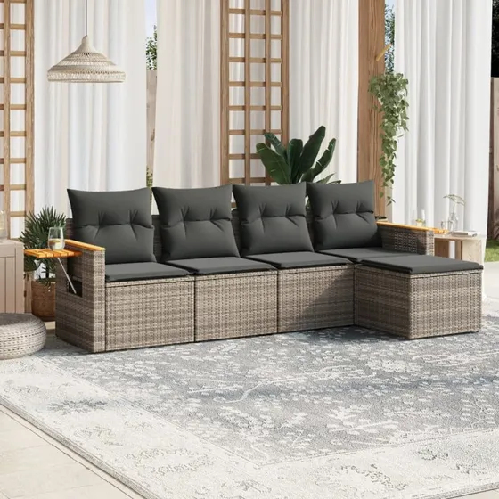 Havesofasæt 5 dele i grå polyrattan med hynder