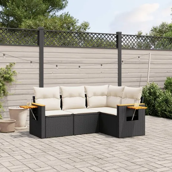 Sofasæt til haven 4 dele i sort polyrattan m. hynder