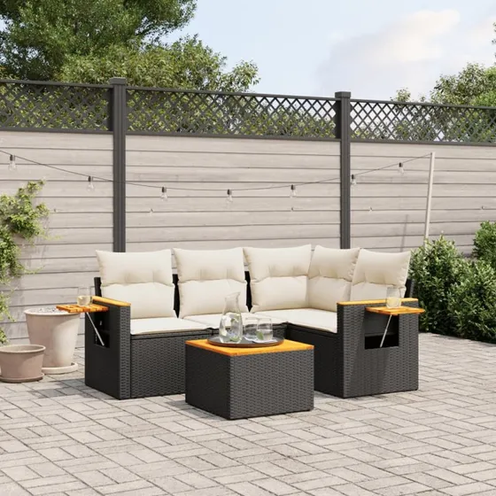 Havesofasæt 5 dele i sort polyrattan inkl. hynder